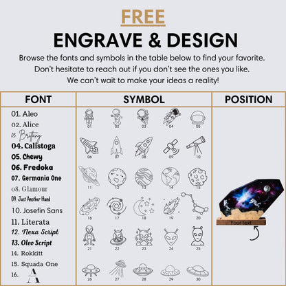 Custom engraving and design options table for the astronaut galaxy resin lamp