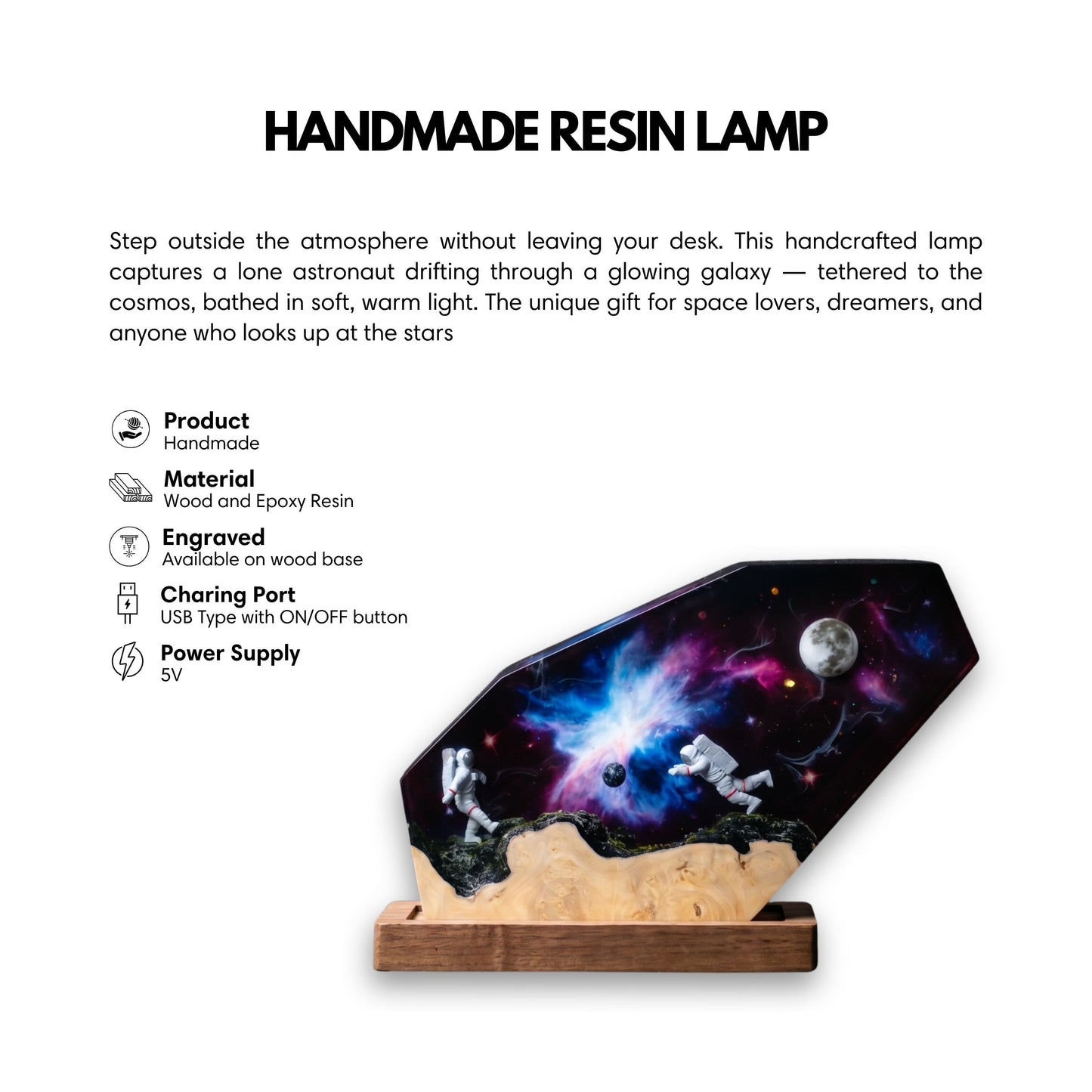 Product feature infographic for the handcrafted galaxy epoxy resin lamp detailing wood and resin materials, custom base engraving, USB 5V power supply, and an ON/OFF button.