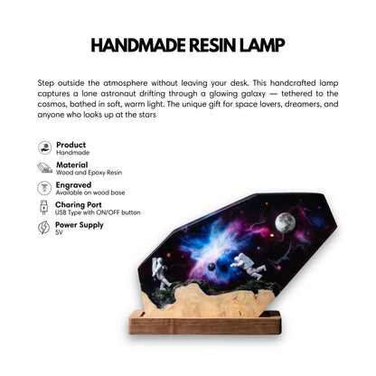 Product feature infographic for the handcrafted galaxy epoxy resin lamp detailing wood and resin materials, custom base engraving, USB 5V power supply, and an ON/OFF button.
