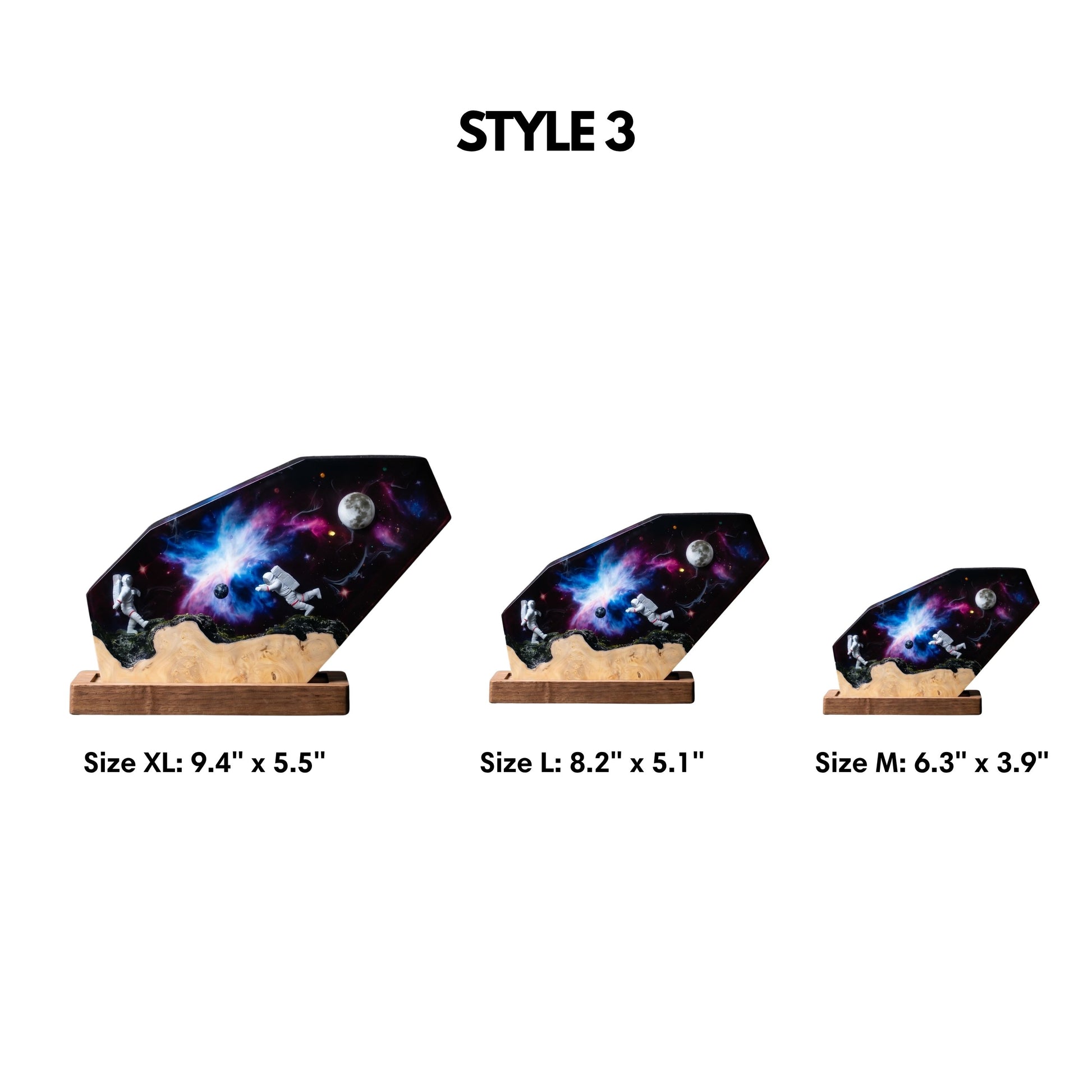 Size chart for astronaut galaxy epoxy resin lamp showcasing three available dimensions: Medium (6.3 by 3.9 inches), Large (8.2 by 5.1 inches), and Extra Large (9.4 by 5.5 inches)