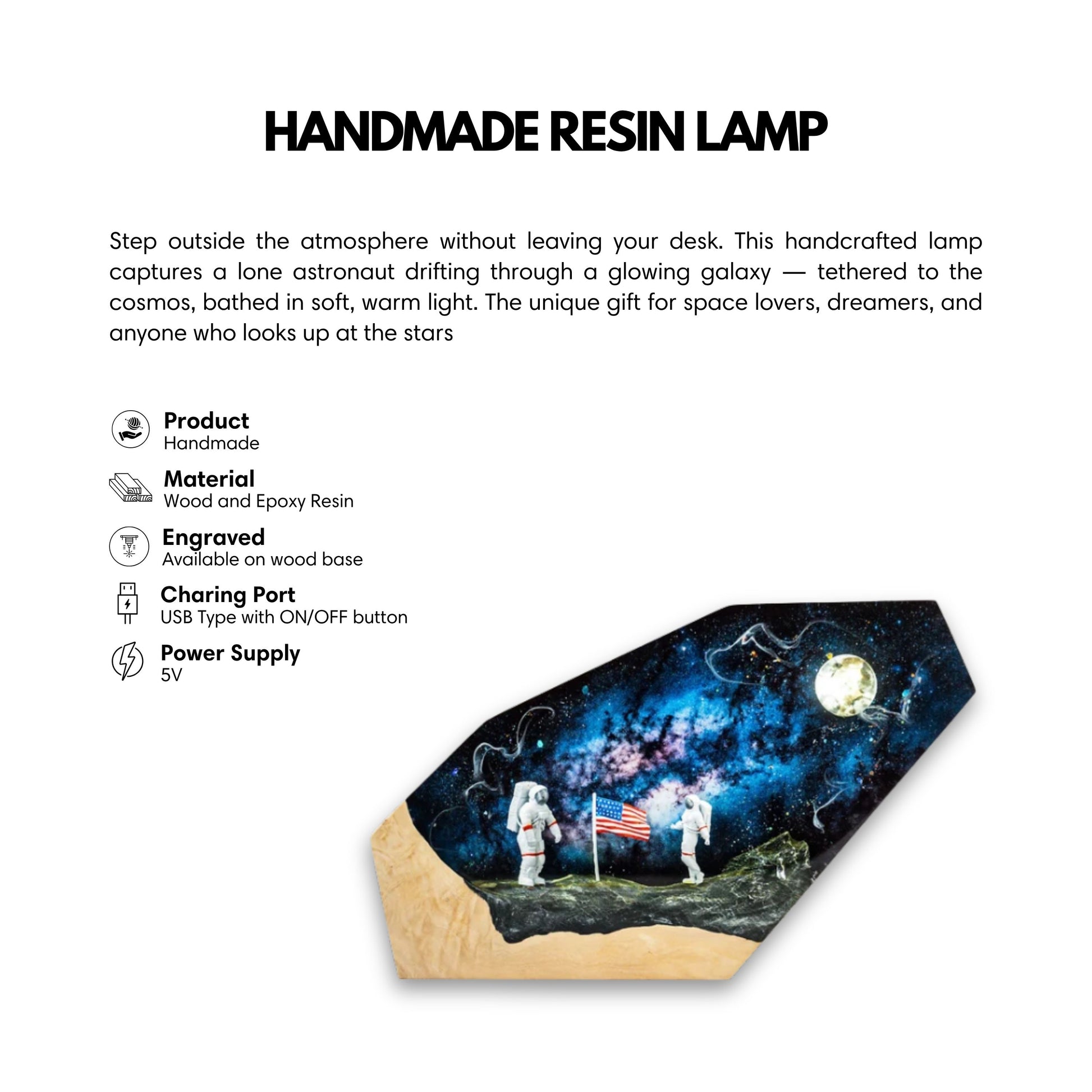 Product feature infographic for the handcrafted galaxy epoxy resin lamp detailing wood and resin materials, custom base engraving, USB 5V power supply, and an ON/OFF button.