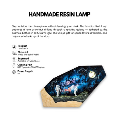 Product feature infographic for the handcrafted galaxy epoxy resin lamp detailing wood and resin materials, custom base engraving, USB 5V power supply, and an ON/OFF button.