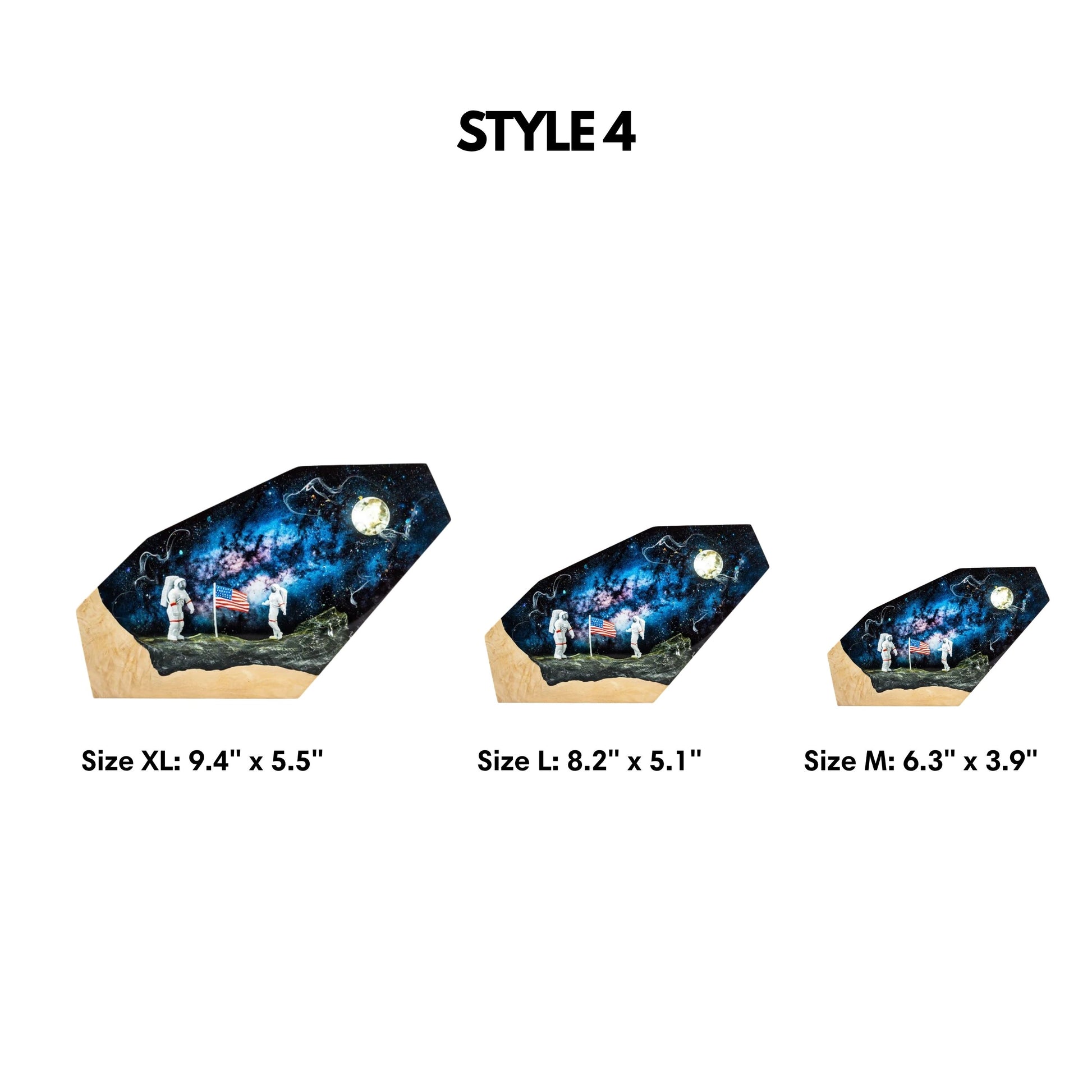 Size chart for astronaut galaxy epoxy resin lamp showcasing three available dimensions: Medium (6.3 by 3.9 inches), Large (8.2 by 5.1 inches), and Extra Large (9.4 by 5.5 inches)