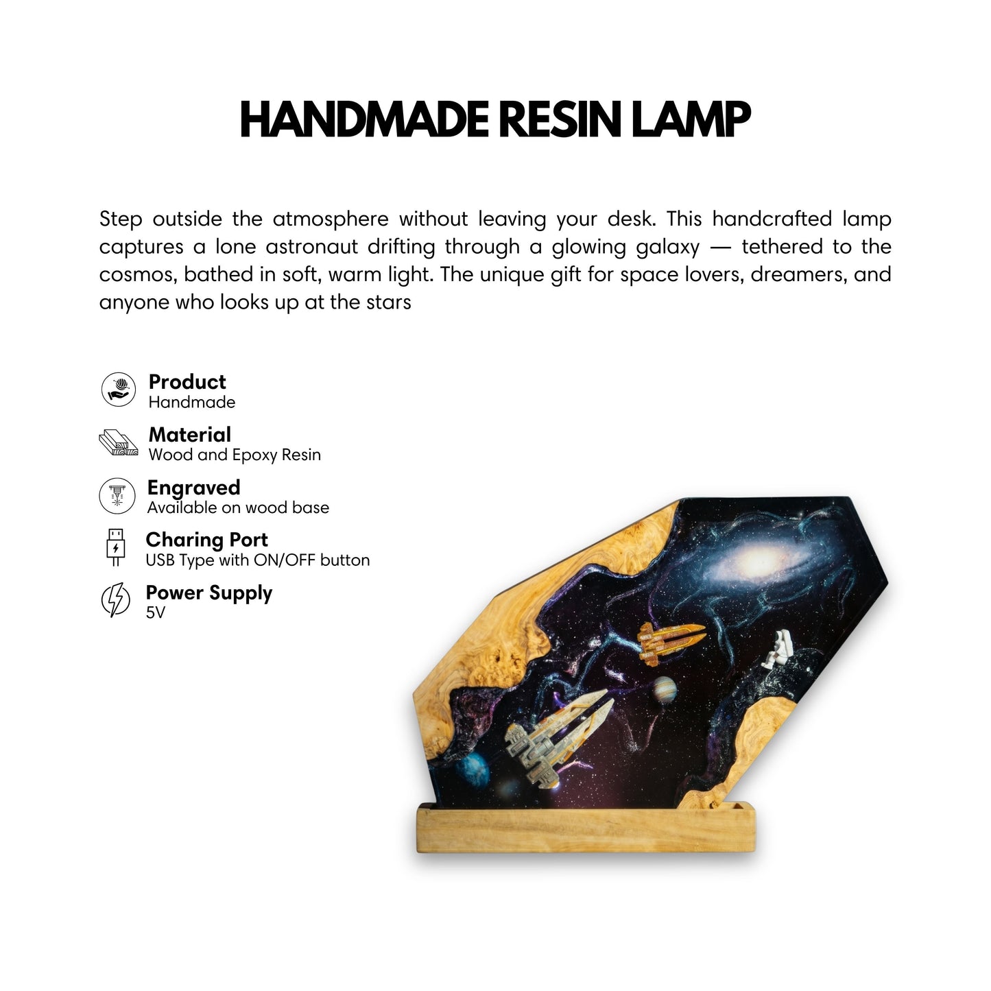 Product feature infographic for the handcrafted galaxy epoxy resin lamp detailing wood and resin materials, custom base engraving, USB 5V power supply, and an ON/OFF button.