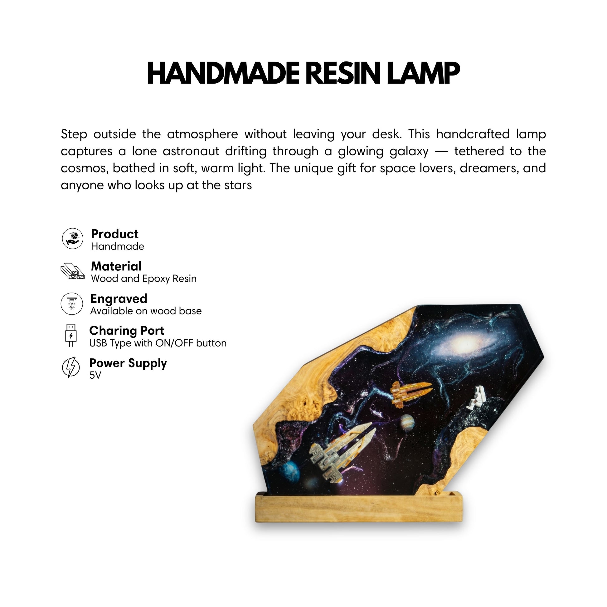 Product feature infographic for the handcrafted galaxy epoxy resin lamp detailing wood and resin materials, custom base engraving, USB 5V power supply, and an ON/OFF button.