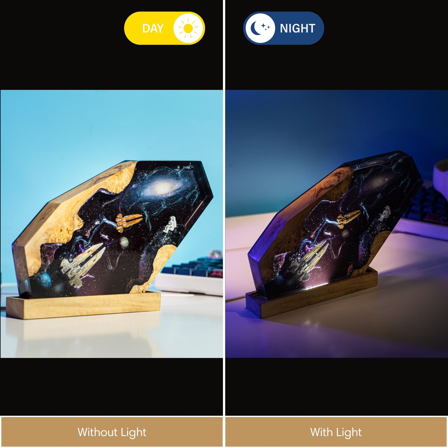 Side-by-side comparison of the astronaut galaxy resin night light during the day without light and at night casting a vibrant blue and green cosmic glow on a desk setup.