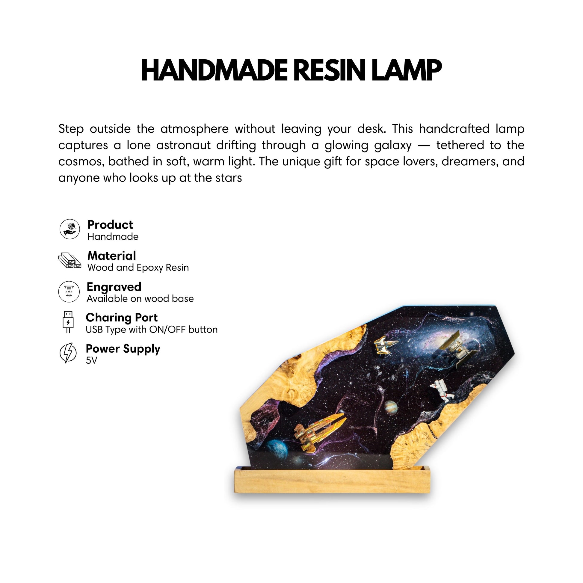 Product feature infographic for the handcrafted galaxy epoxy resin lamp detailing wood and resin materials, custom base engraving, USB 5V power supply, and an ON/OFF button.