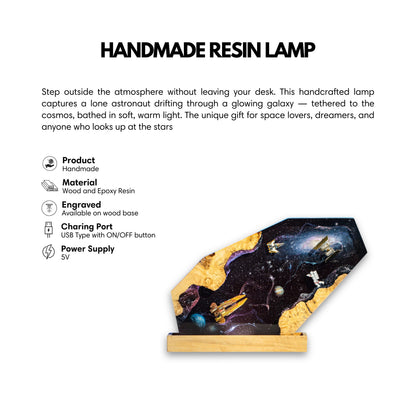 Product feature infographic for the handcrafted galaxy epoxy resin lamp detailing wood and resin materials, custom base engraving, USB 5V power supply, and an ON/OFF button.