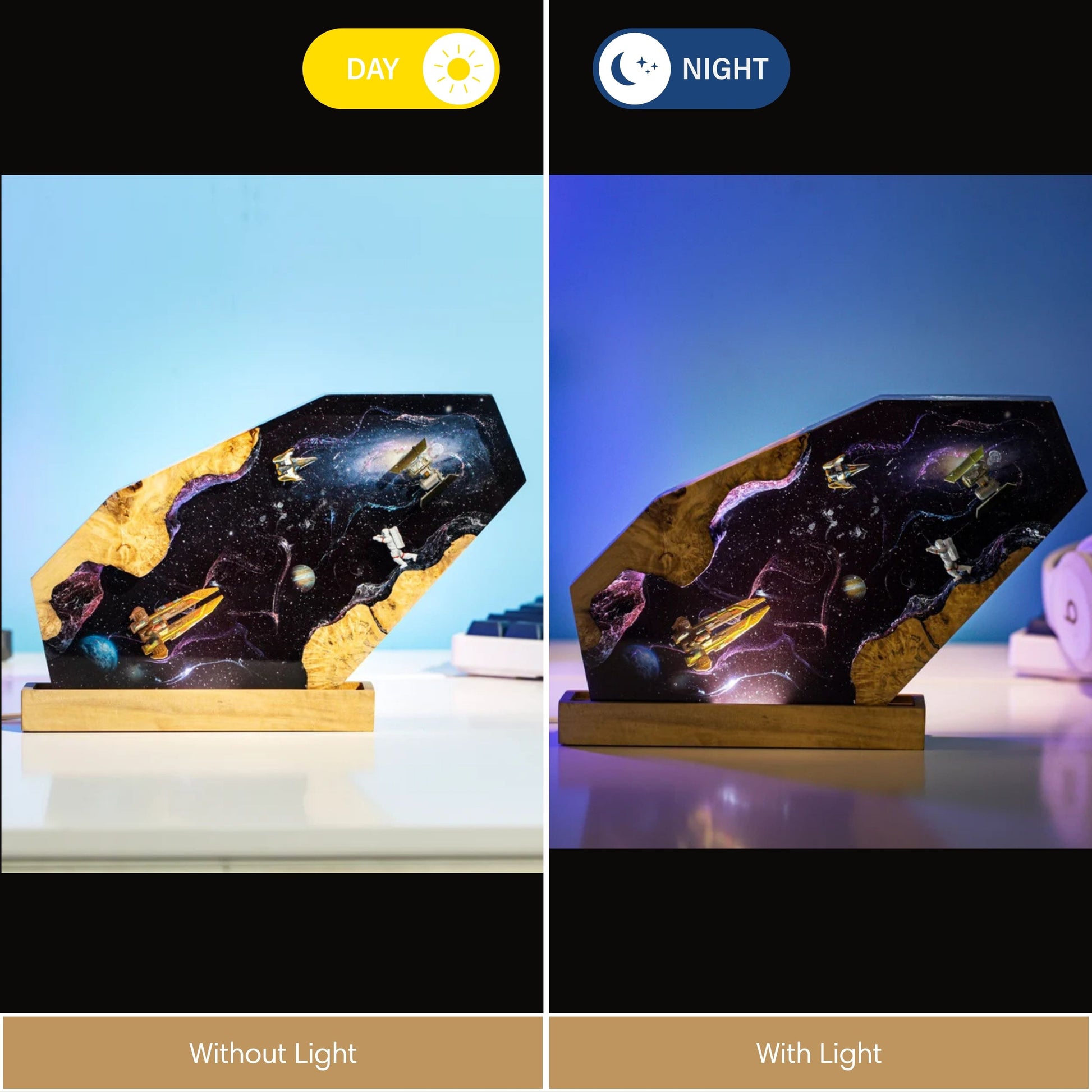 Side-by-side comparison of the astronaut galaxy resin night light during the day without light and at night casting a vibrant blue and green cosmic glow on a desk setup.