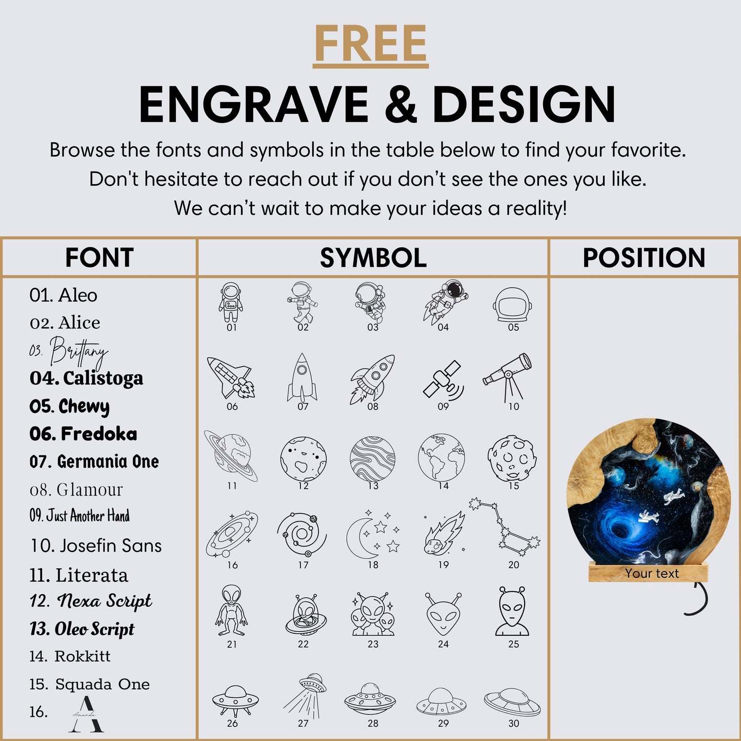Table of fonts, symbols, and positions for engraving and design with a focus on space-themed designs.