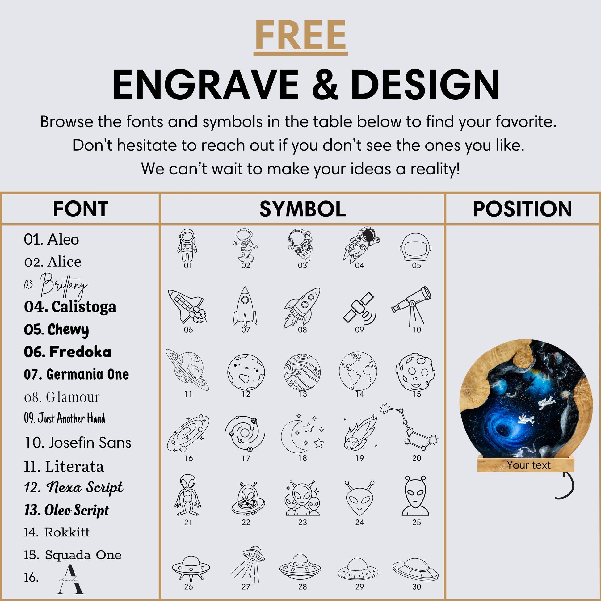 Table of fonts, symbols, and positions for engraving and design with a focus on space-themed designs.