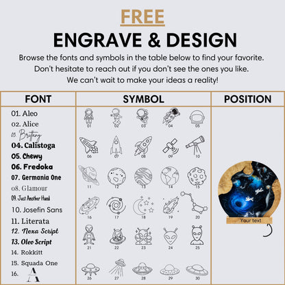 Table of fonts, symbols, and positions for engraving and design with a focus on space-themed designs.