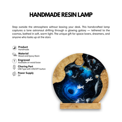 Handmade resin lamp with astronaut design on a white background