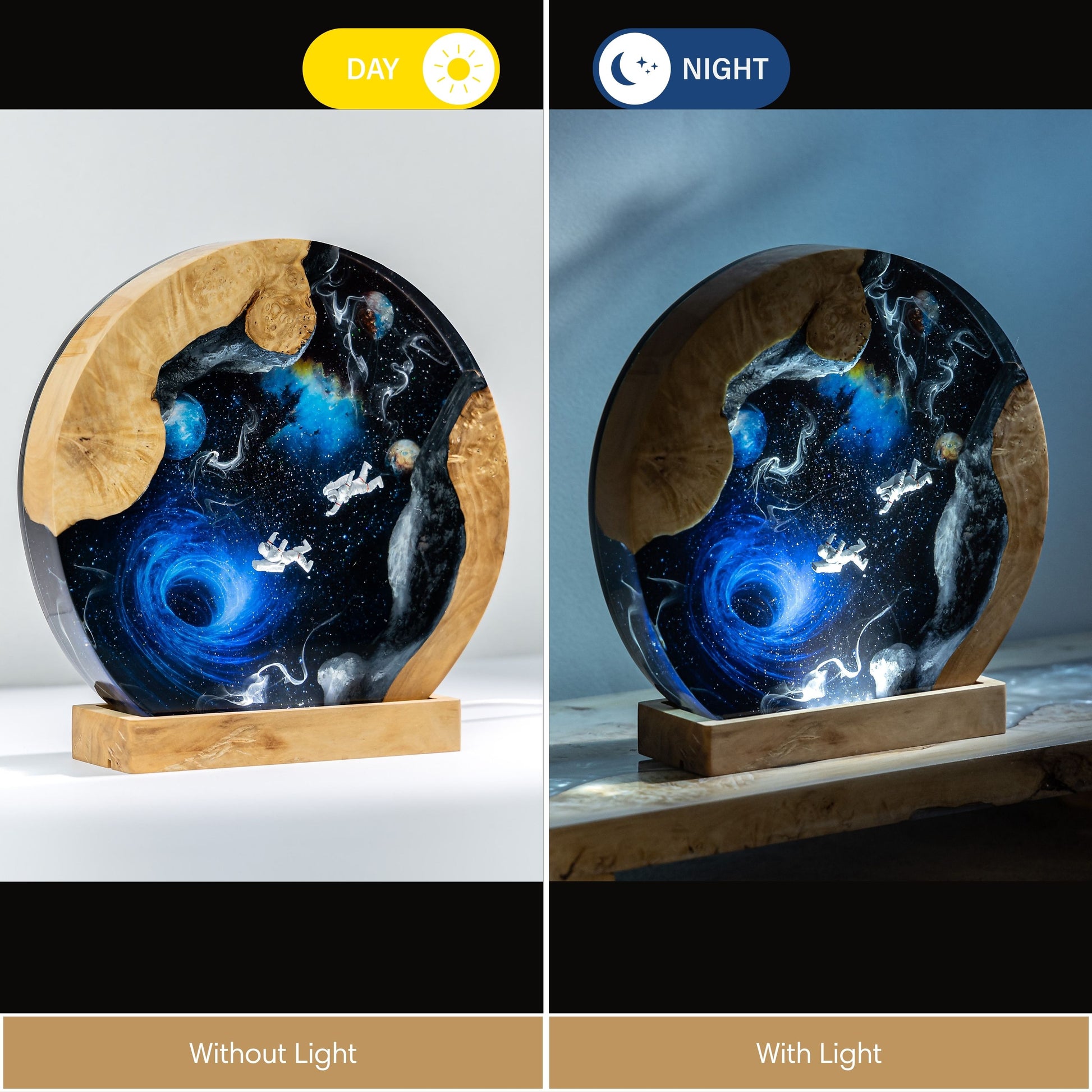astronaut resin lamp with wooden base and galaxy design, shown without light and with light on a gray background.