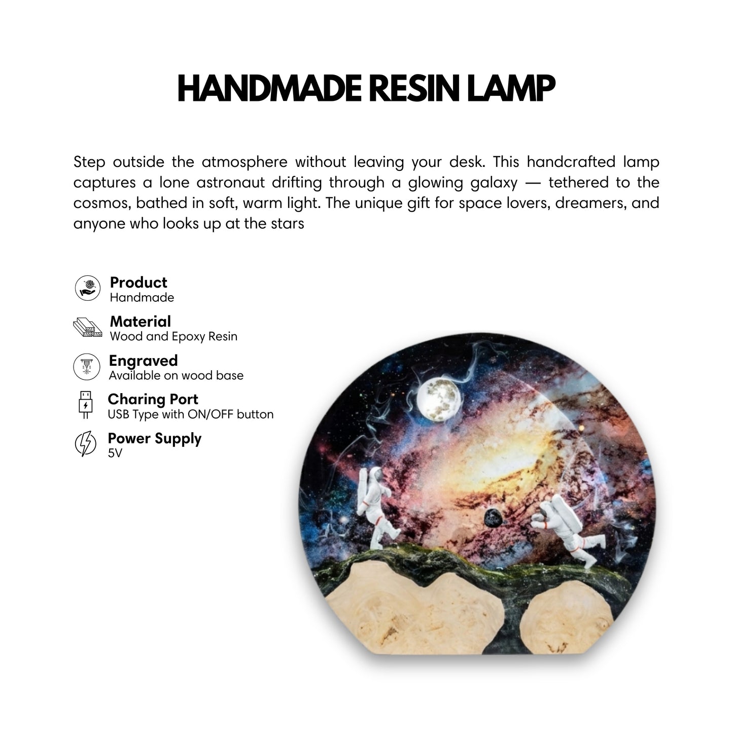 Handmade resin lamp with astronaut design on a white background