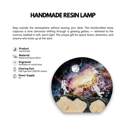 Handmade resin lamp with astronaut design on a white background