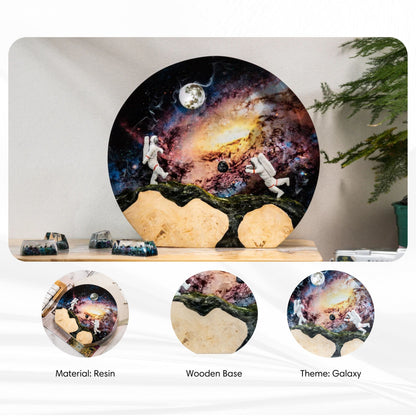 Decorative resin lamp with space-themed design on a wooden base, featuring astronauts and galaxy and planet.
