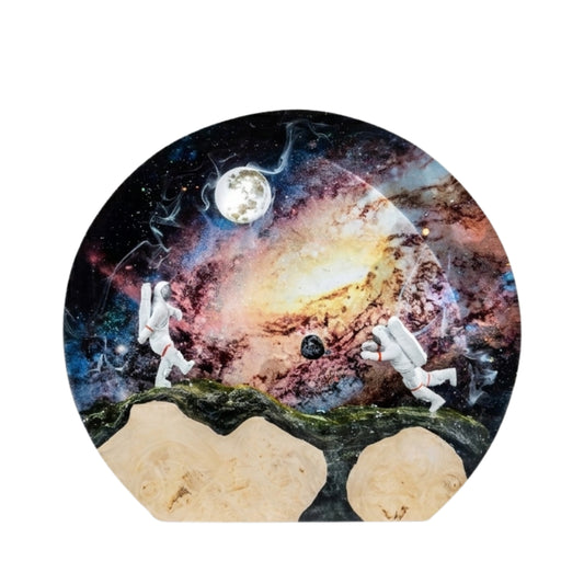 Round resin lamp epoxy night light with space-themed design featuring astronauts and a galaxy.