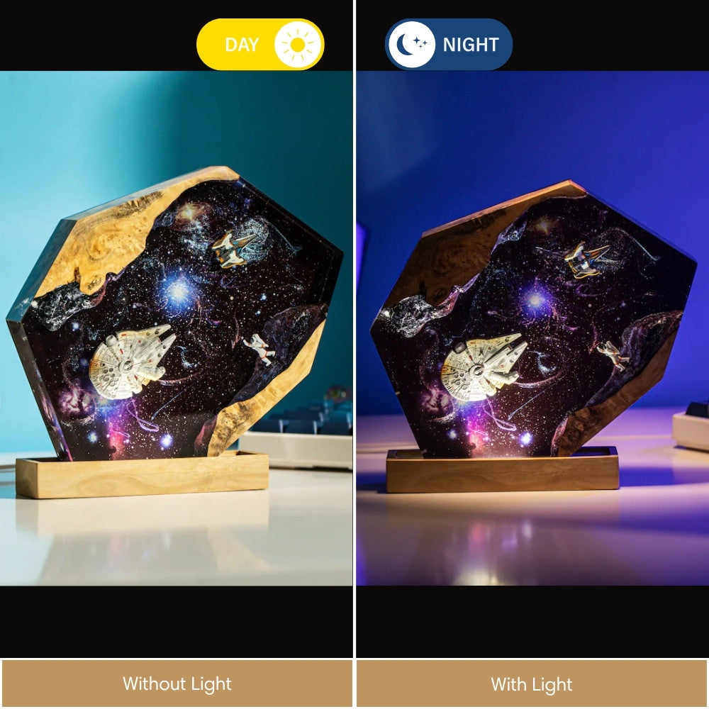 Comparison shot showing the galaxy resin lamp warm glow effect in daylight versus a dark room.