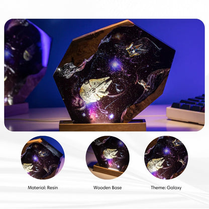 Close-up details of the high-quality galaxy resin lamp wood LED base