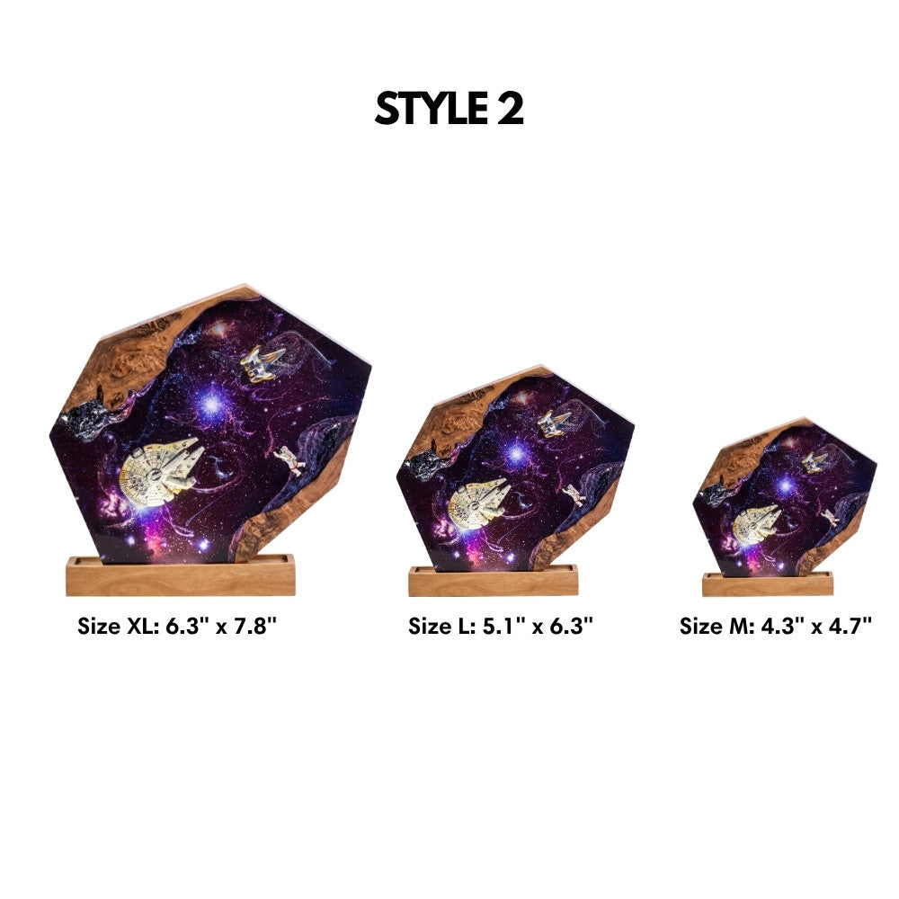 Size comparison chart showing small, medium, and large dimensions for the 3D galaxy resin lamp epoxy night light