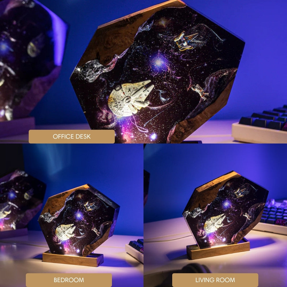 Personalized instellar lamp galaxy resin night light shown in a bedroom setting, living room decor, and as a desk accessory.