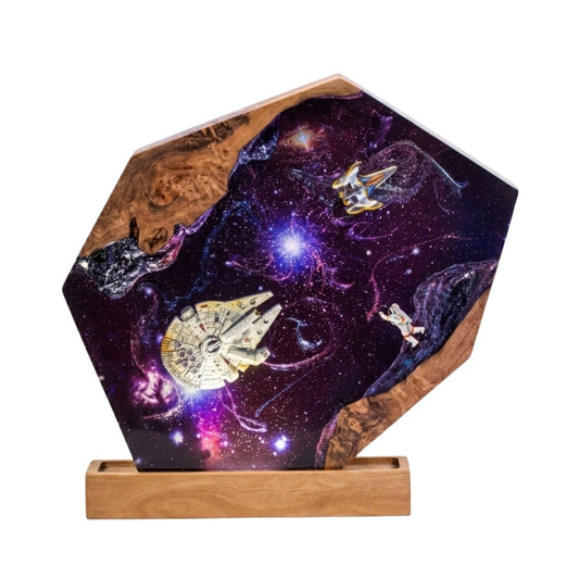 Custom 3D galaxy space night light with wooden base on a white background.