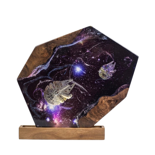 Spacecraft custom night light in galaxy epoxy resin with burl wood frame on white background