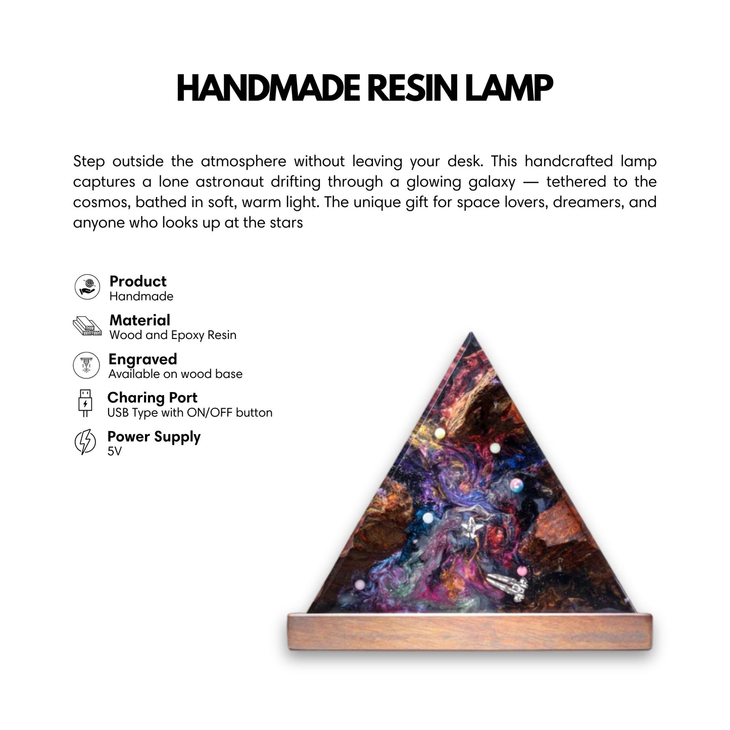 Information graphic for a handmade galaxy resin lamp, outlining material quality, and unique handcrafted features.