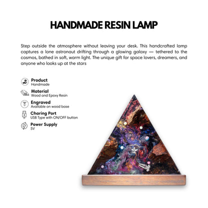 Information graphic for a handmade galaxy resin lamp, outlining material quality, and unique handcrafted features.