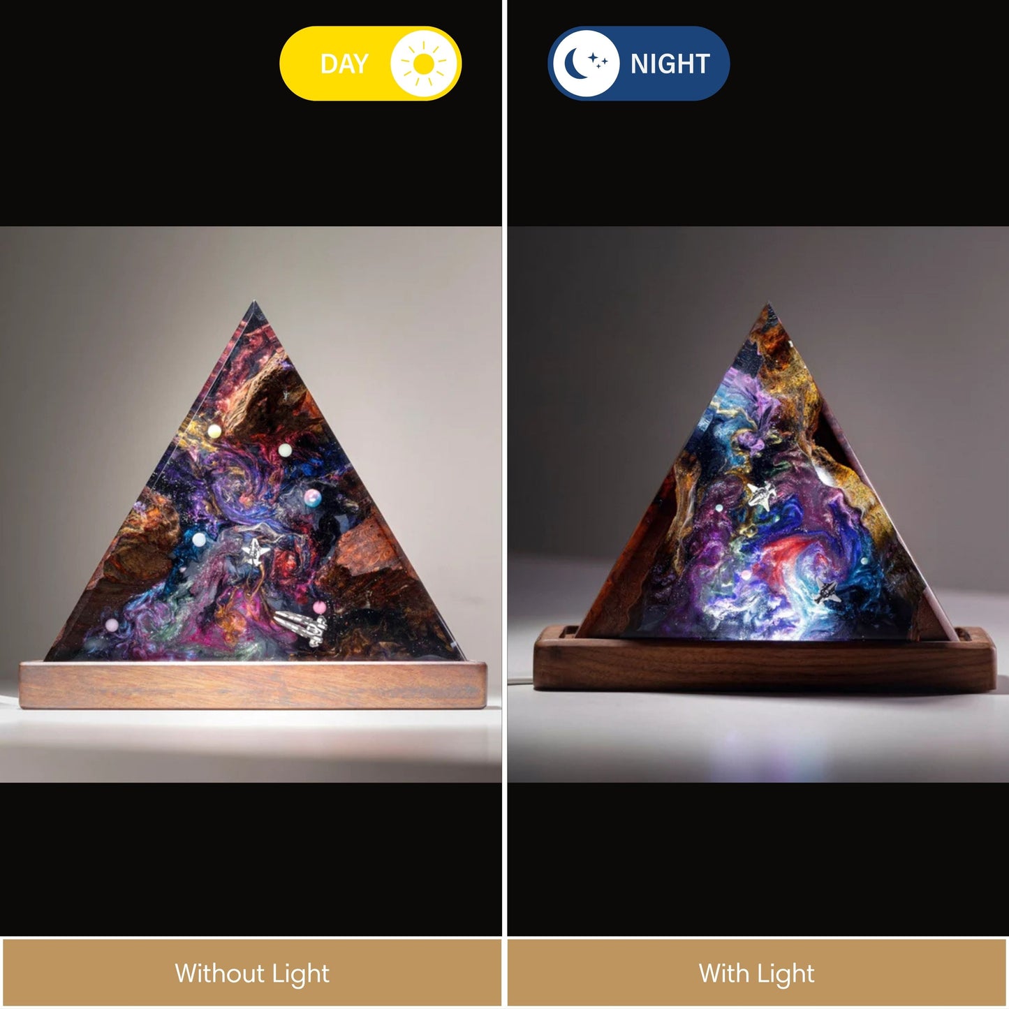 Comparison of the resin lamp showing the difference between a warm ambient light and a cool blue LED glow, emphasizing the colorful cosmic nebula inside.