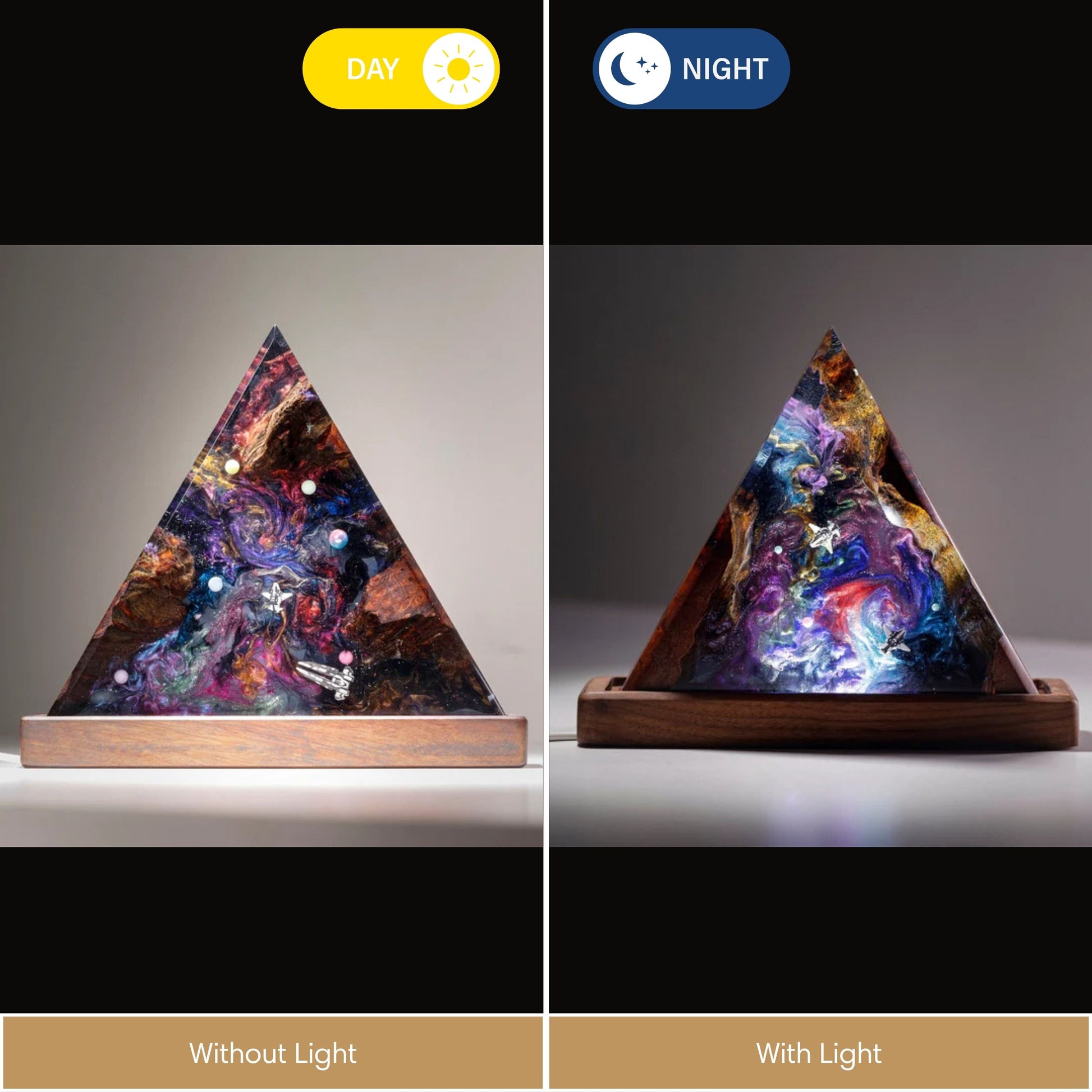 Comparison of the resin lamp showing the difference between a warm ambient light and a cool blue LED glow, emphasizing the colorful cosmic nebula inside.