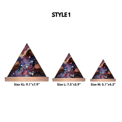 Measurement guide for triangular resin lamps, showing side-by-side comparisons of small, medium, and large size options.