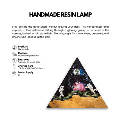 Product information for a handmade resin lamp featuring an astronaut in space design