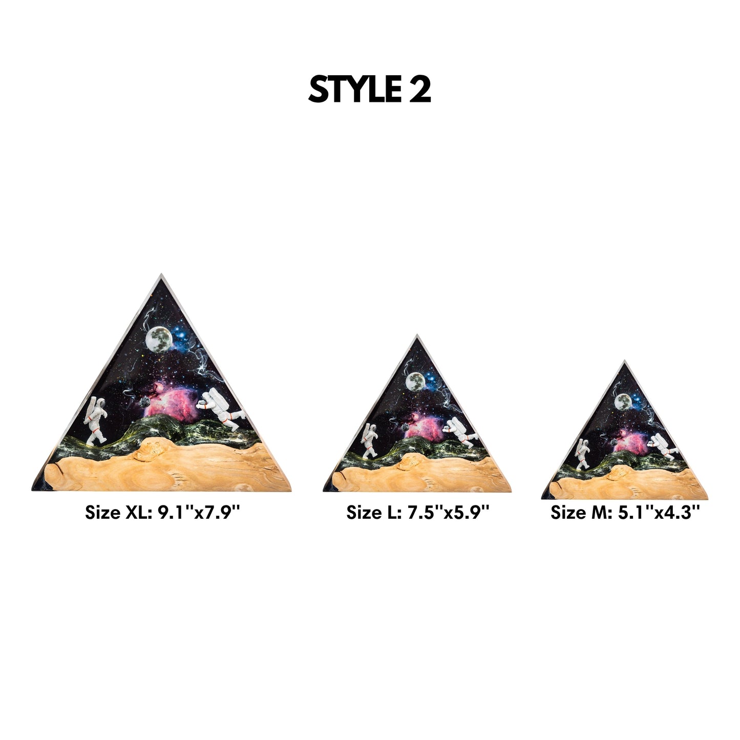 Size comparison chart showing three different scales of the triangular astronaut resin lamp, labeled with dimensions for small, medium, and large versions.
