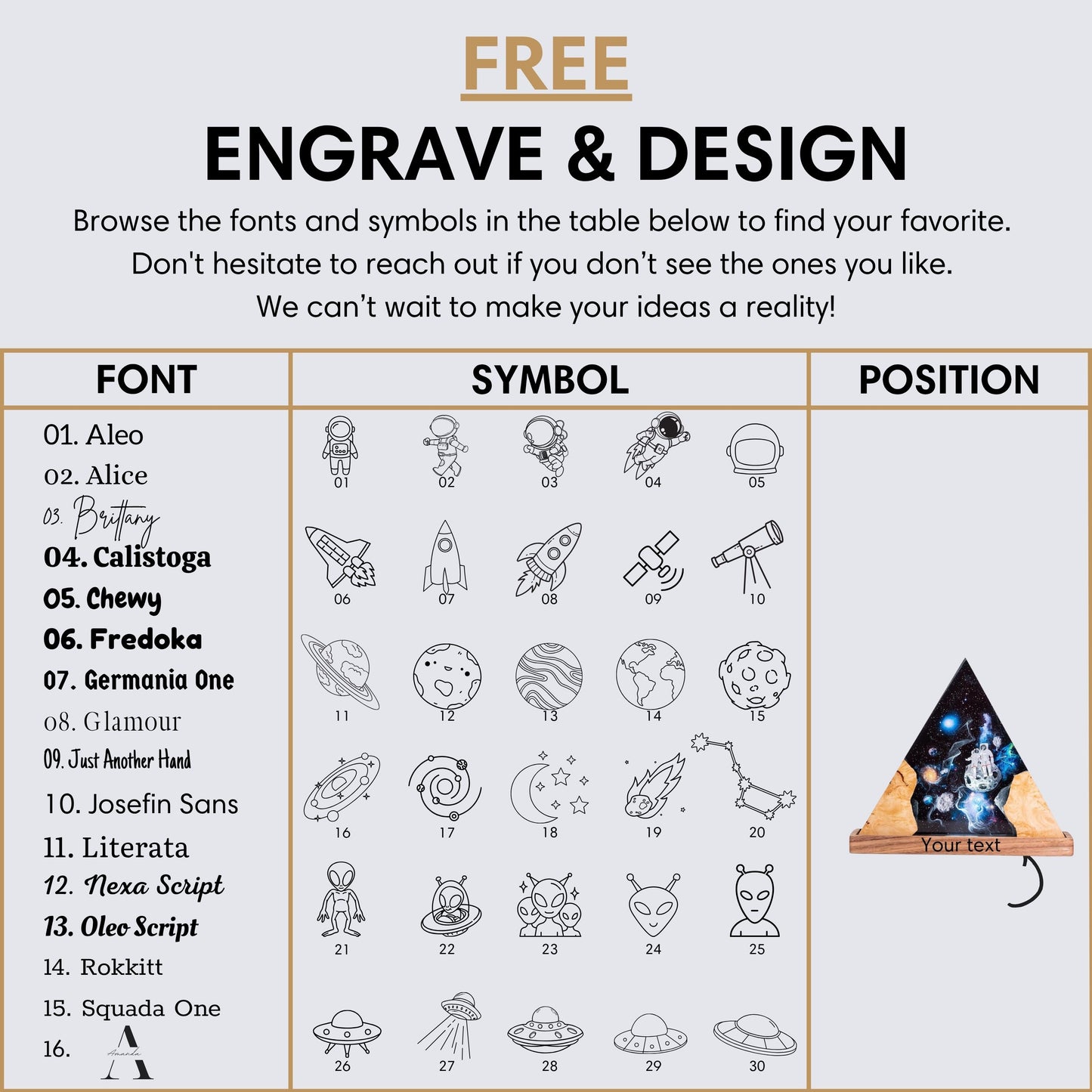 Customization guide for handmade resin lamps showing available fonts, symbols, and engraving positions for personalized wood bases.