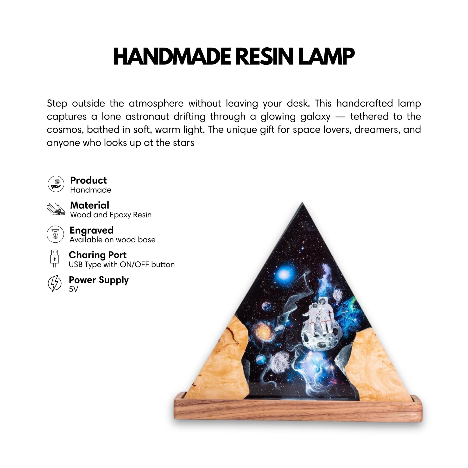 Product specification for the handmade resin lamp, detailing materials, handmade quality, and the deep-sea explorer theme.
