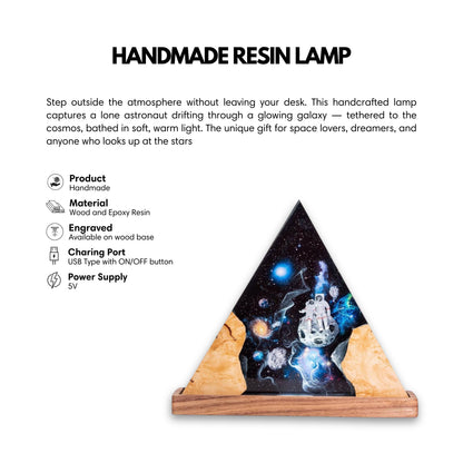 Product specification for the handmade resin lamp, detailing materials, handmade quality, and the deep-sea explorer theme.