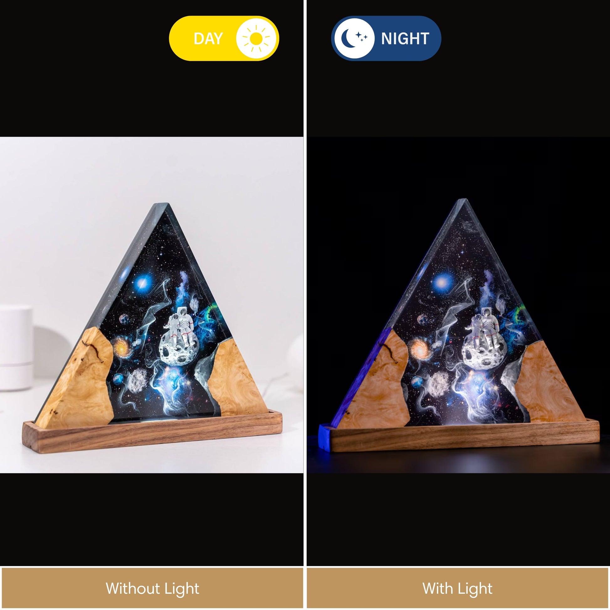 Split view of a triangular resin lamp showing the "Warm Light" effect in daylight versus the "Blue Light" glow in a dark room, highlighting the internal nebula and explorer details.