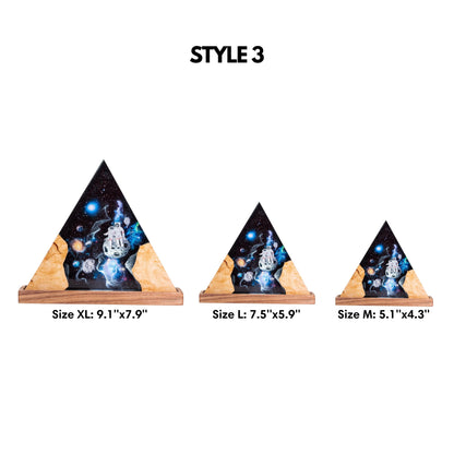 Size chart for Style 2 triangular resin lamps, displaying three different height options with specific measurements for small, medium, and large sizes.