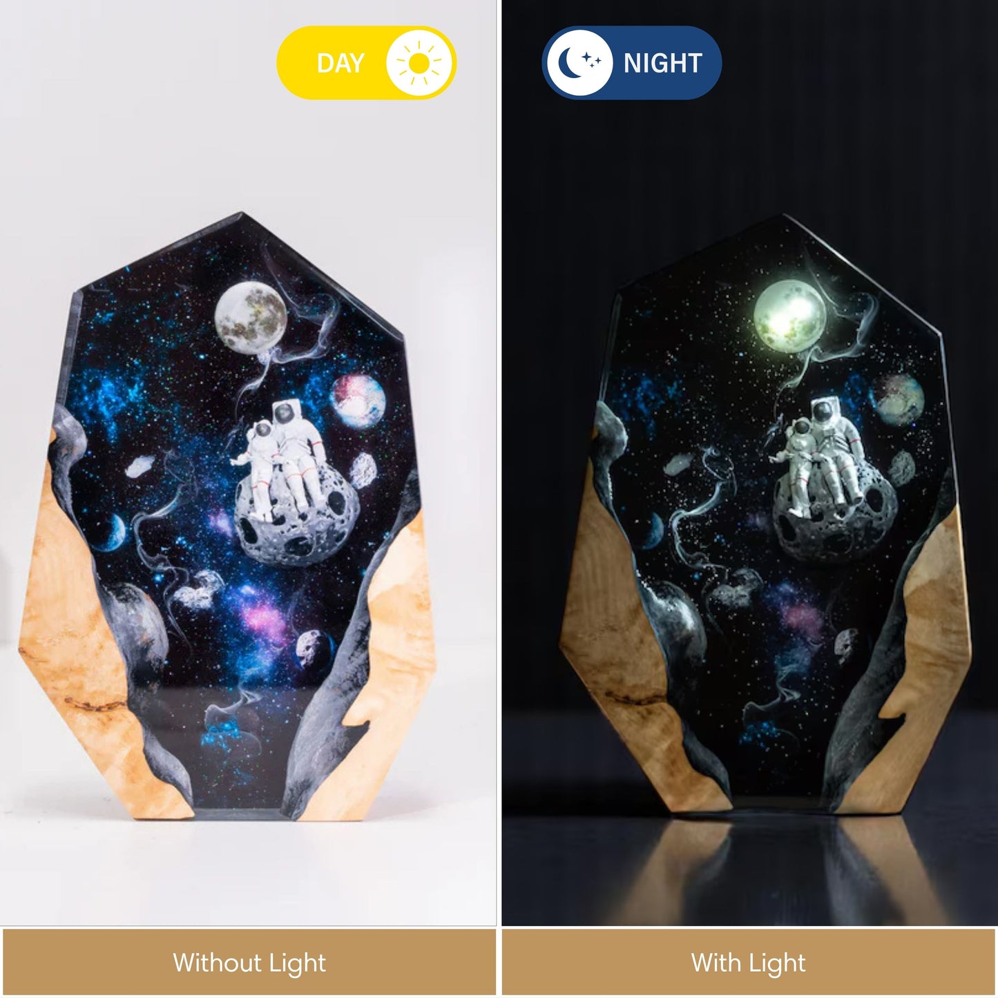 A side-by-side comparison of the astronaut resin lamp in "Day" and "Night" settings.