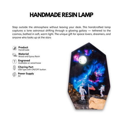 A resin lamp featuring the Moon Landing design with a USB charging port with an ON/OFF button, and a 5V power supply.