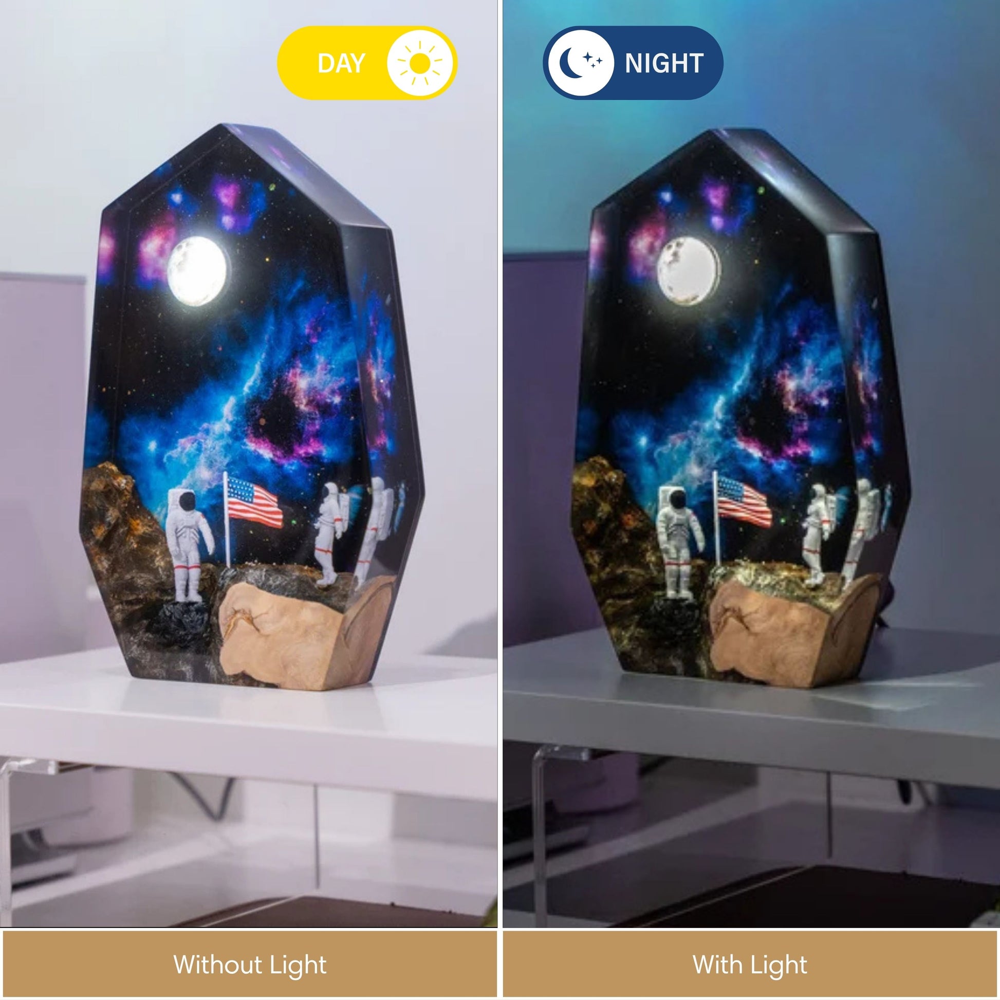 A side-by-side comparison of the Moon Landing resin lamp. 
