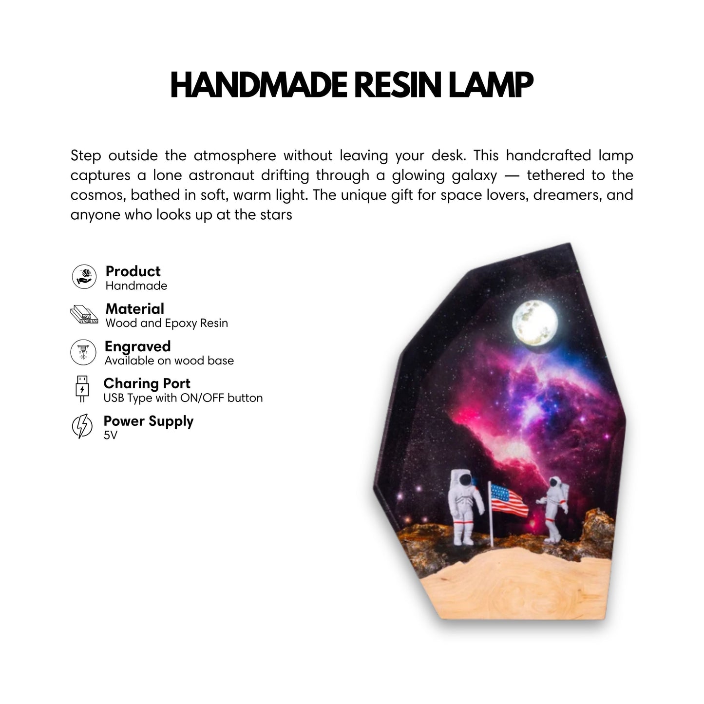 Infographic for a handmade resin lamp featuring two astronauts and an American flag on a moon landscape inside a galaxy-themed resin block.