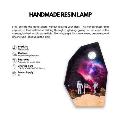 Infographic for a handmade resin lamp featuring two astronauts and an American flag on a moon landscape inside a galaxy-themed resin block.
