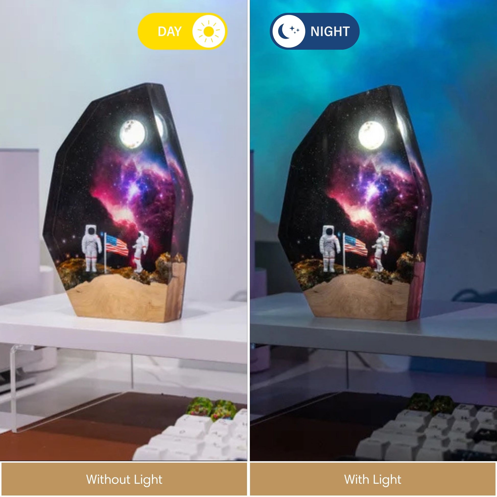 Side-by-side comparison of an astronaut galaxy resin lamp in "Day" (unlit) and "Night" (lit) settings.