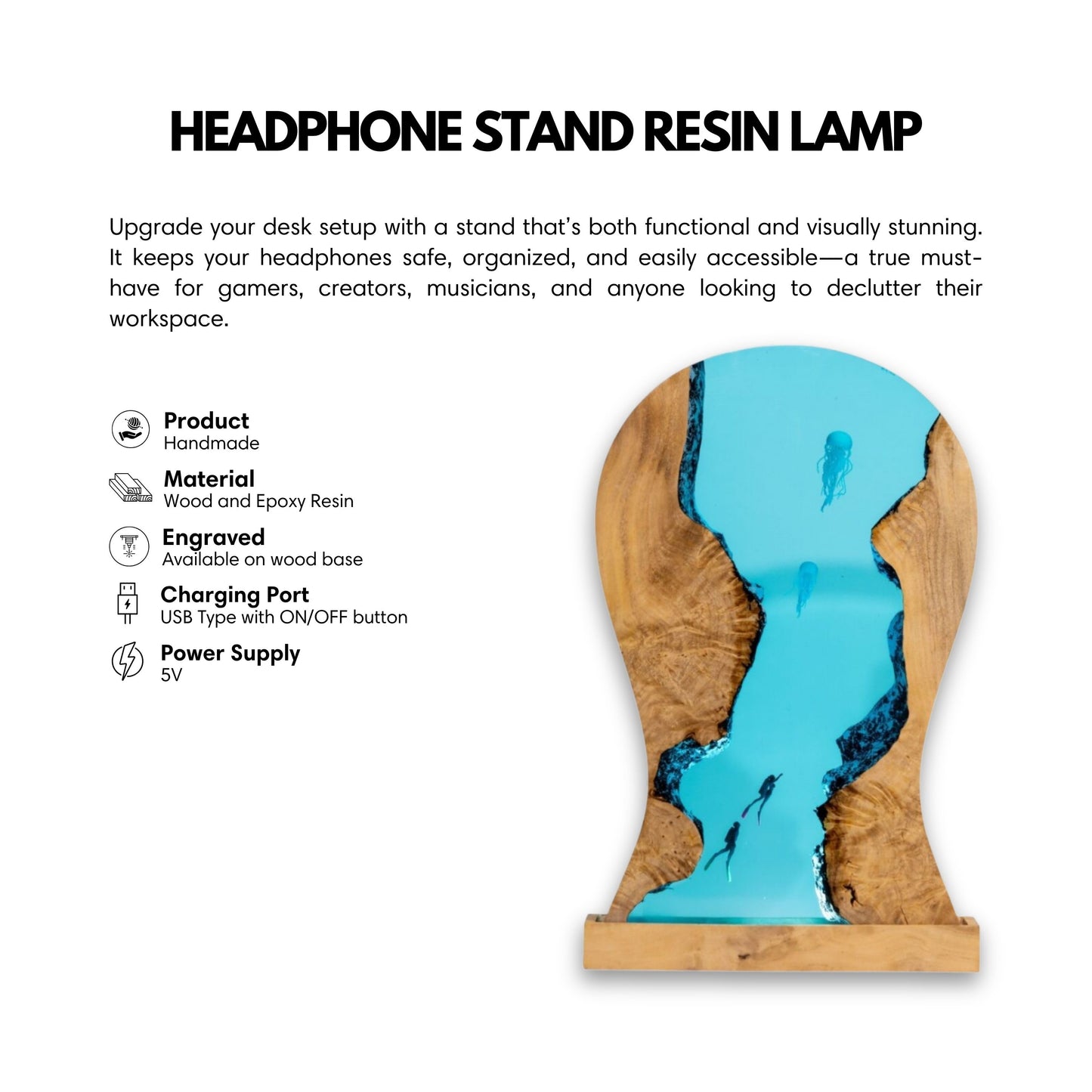 Resin jellyfish LED headphone stand dimensions and specifications with product measurements and technical details