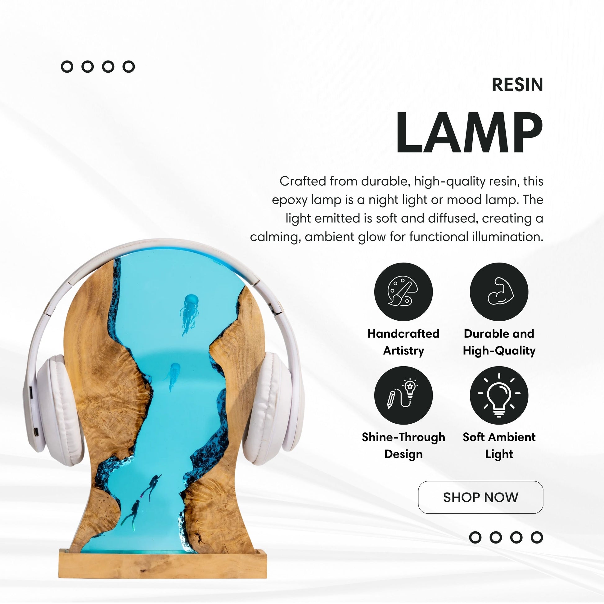 Resin jellyfish LED headphone stand highlighting premium resin craftsmanship, integrated LED lighting, and stable headset support