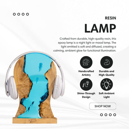 Resin jellyfish LED headphone stand highlighting premium resin craftsmanship, integrated LED lighting, and stable headset support