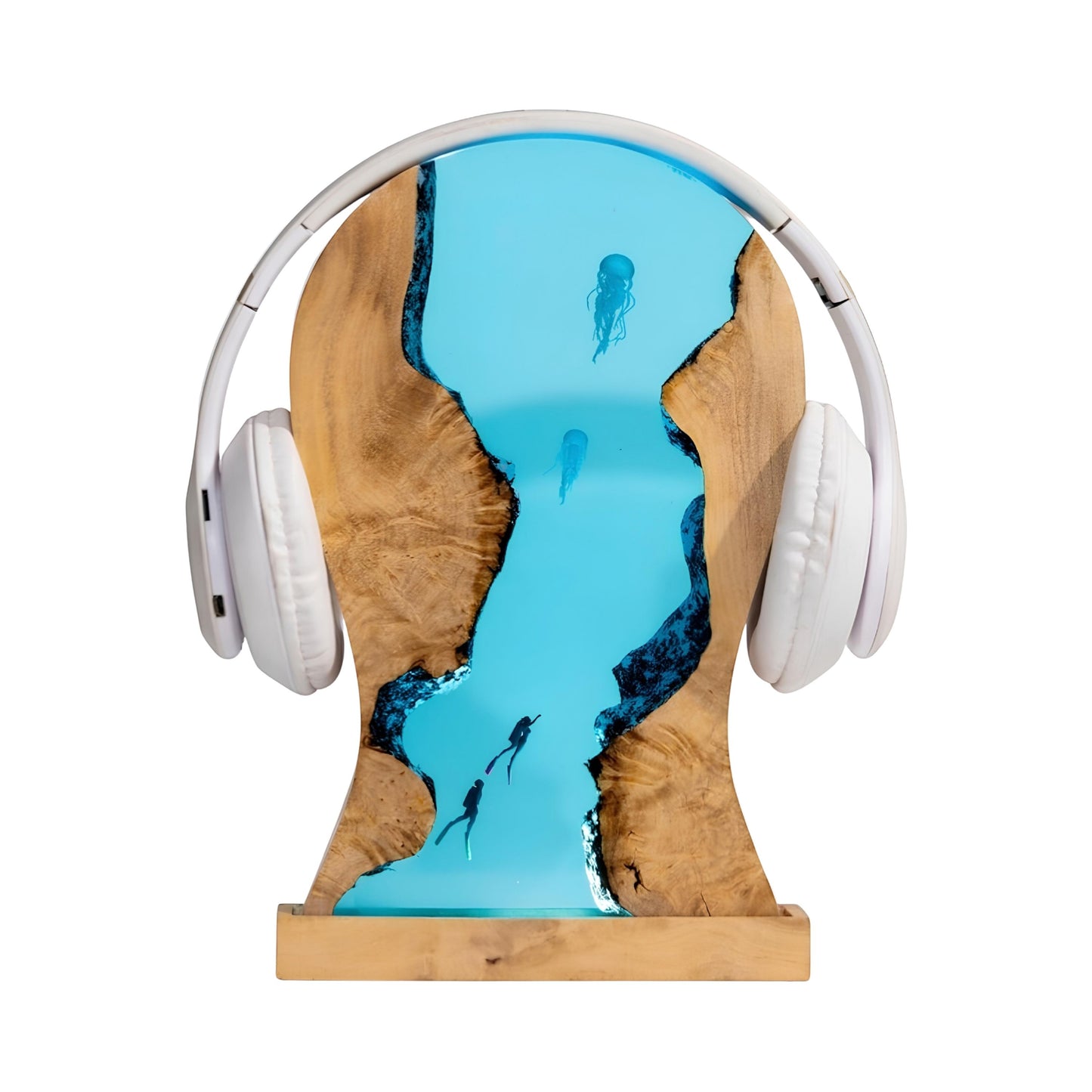 Resin jellyfish headphone stand with built-in LED lamp, artistic blue resin headset holder for desk setup, front product view